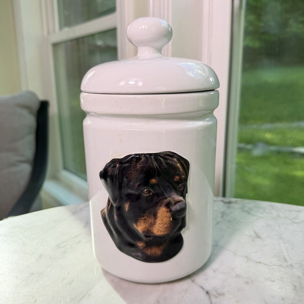 VTG 1999 XPRES Rottweiler Dog Ceramic Treat Jar Canister 3D Lidded 9.5" White